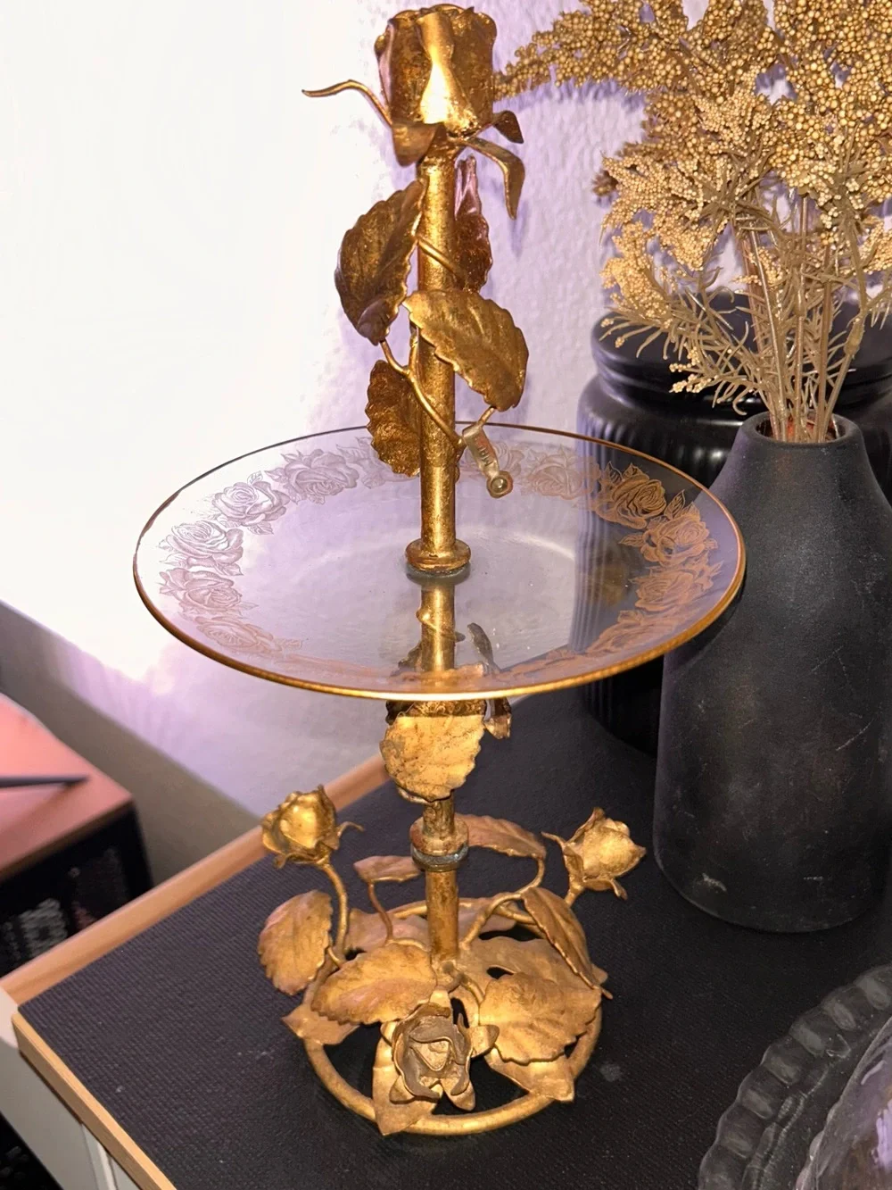 Vintage Italian Gold Guild Rose Pedestal Trinket Dish